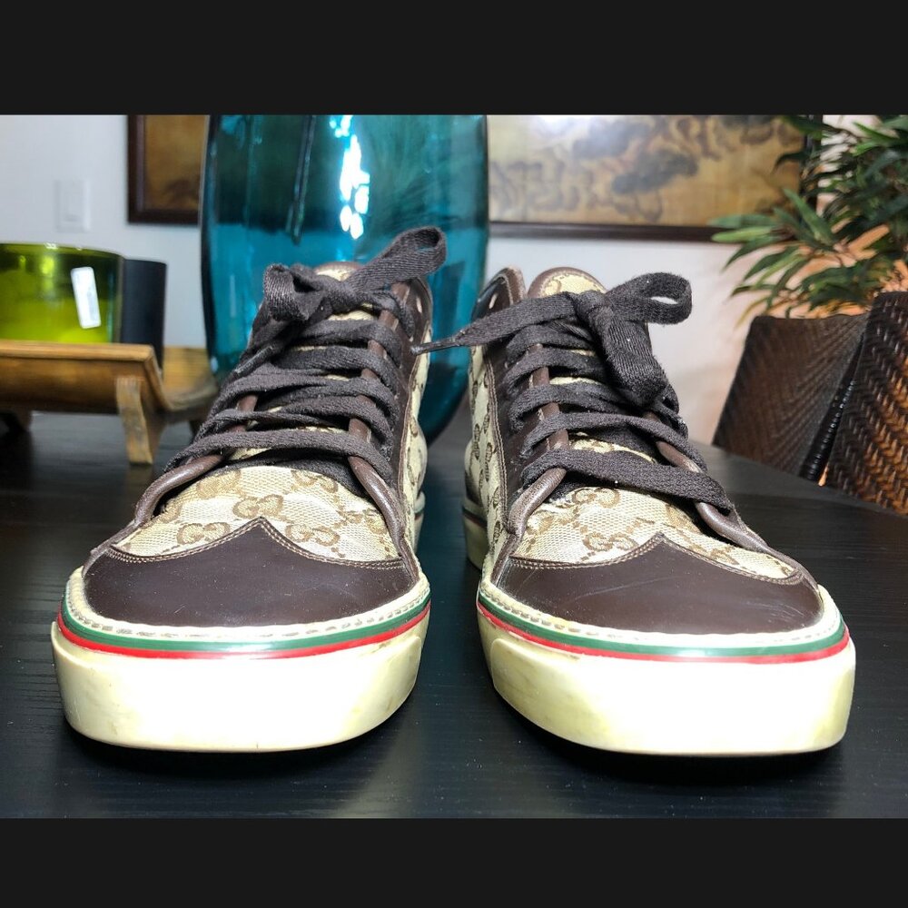Gucci GG Wingtip Canvas High Top Sneakers Beige Brown 163236 9G Men’s US 10 - Picture 7 of 11